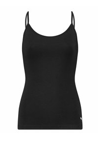 Black tank top with thin straps, made from a smooth cotton blend. Features a scoop neckline and a small logo on the lower right side.