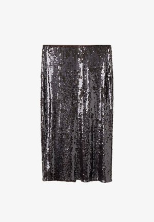 Ołówkowa spódnica z cekinami w ciemnoszarym kolorze, charakteryzująca się błyszczącą powierzchnią. Fason jest dopasowany i prosty, z gładką talią.