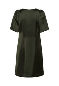 Rochie cu mâneci scurte din satin verde închis, având decolteu rotund, închidere cu fermoar la spate și o siluetă netedă, ușor ajustată.