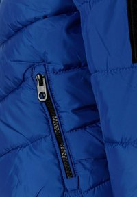 Mėlynas pūkinis švarkas su siuvinėjimo dizainu, tekstūruota medžiaga ir juoda užtrauktuko detalė šone. Patvari medžiaga izoliacijai.