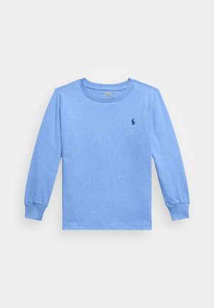 Light blue long-sleeve T-shirt made of soft fabric, featuring a rounded neckline and ribbed cuffs, with a small navy logo on the chest.
