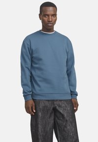 Sweat-shirt en coton bleu à col rond et poignets côtelés, associé à un pantalon en denim foncé avec des coutures visibles. Le modèle se tient face à la caméra.