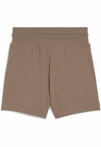 Shorts en coton marron avec une large taille élastique, caractérisés par une texture lisse et une coupe droite. Pas de motifs ni de détails supplémentaires.