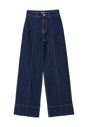 Jean large en denim bleu foncé, avec une taille haute, des détails de couture à l'avant et des surpiqûres contrastantes le long des bords.