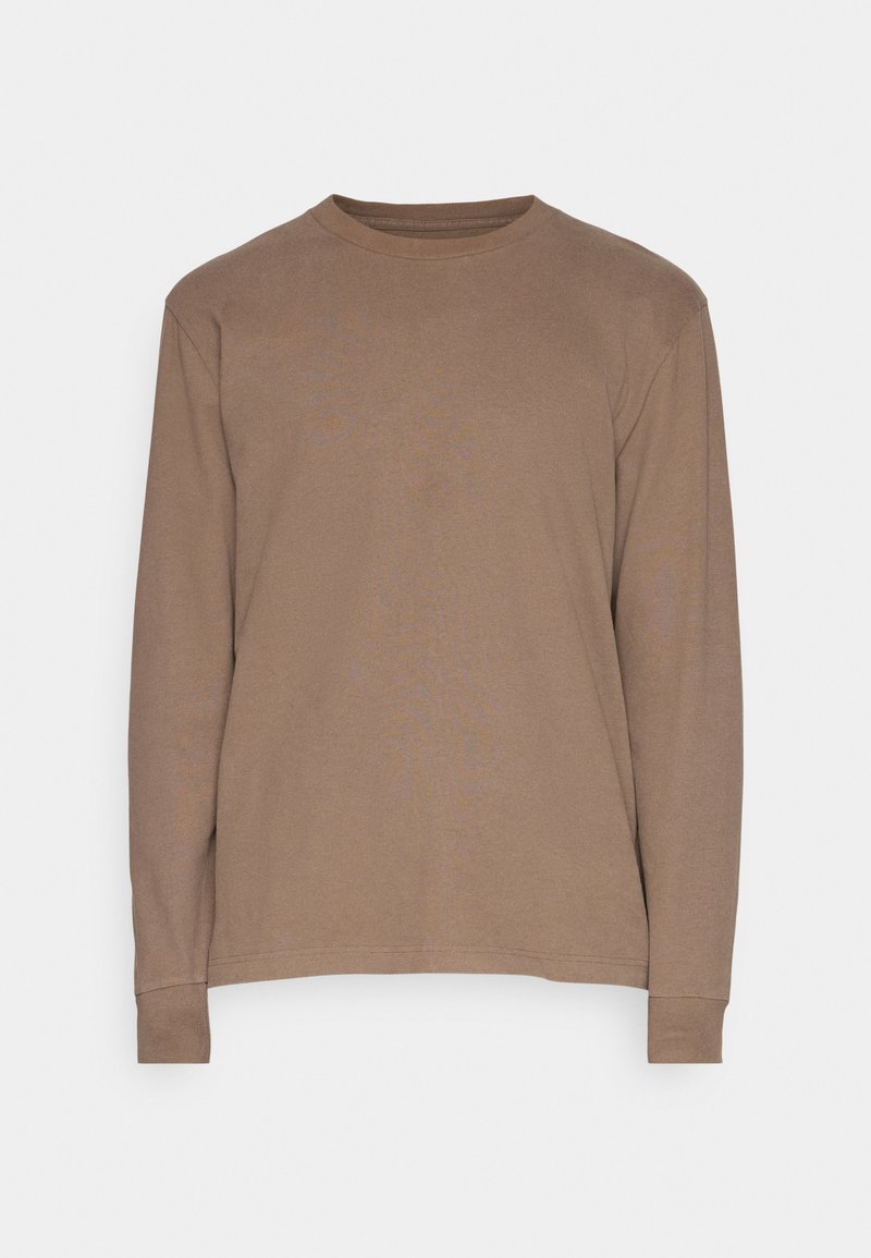 Braunes Langarmshirt aus weicher Baumwolle, mit Rundhalsausschnitt, geradem Saum und engen Bündchen. Glatte Textur ohne sichtbare Muster.