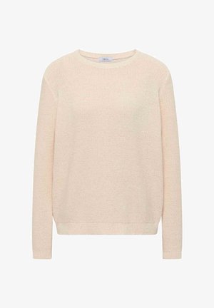 Kremowy sweter z długim rękawem, wykonany na drutach, z okrągłym dekoltem oraz ściągaczami na mankietach i dolnym brzegu.