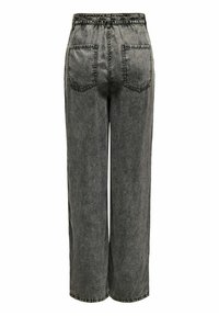 Jean noir à jambes larges avec une taille élastique, deux poches arrière et des coutures contrastées le long des coutures et de la taille.