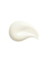 White cream, smooth and glossy texture, droplet shape, with a slight curve and tapered end, set against a plain background.