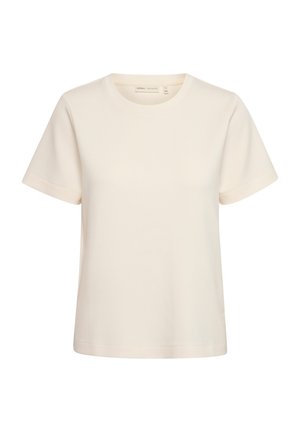 Cream-colored cotton t-shirt, short sleeves, round neckline, relaxed fit, smooth texture, no patterns or embellishments.