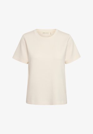 Romige katoenen t-shirt, korte mouwen, ronde halslijn, relaxed fit, gladde textuur, zonder patronen of versieringen.