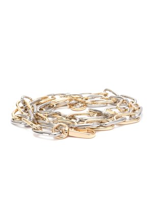 Metal chain bracelet featuring interlocking gold and silver links, with a mix of shiny and textured finishes and a secure clasp.
