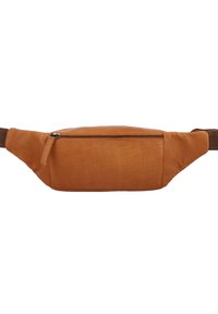 Smeđi kožni bum bag s glatkom teksturom, s gornjim zatvaračem na zatvarač i podesivim remenom. Kompaktni, ergonomski dizajn.