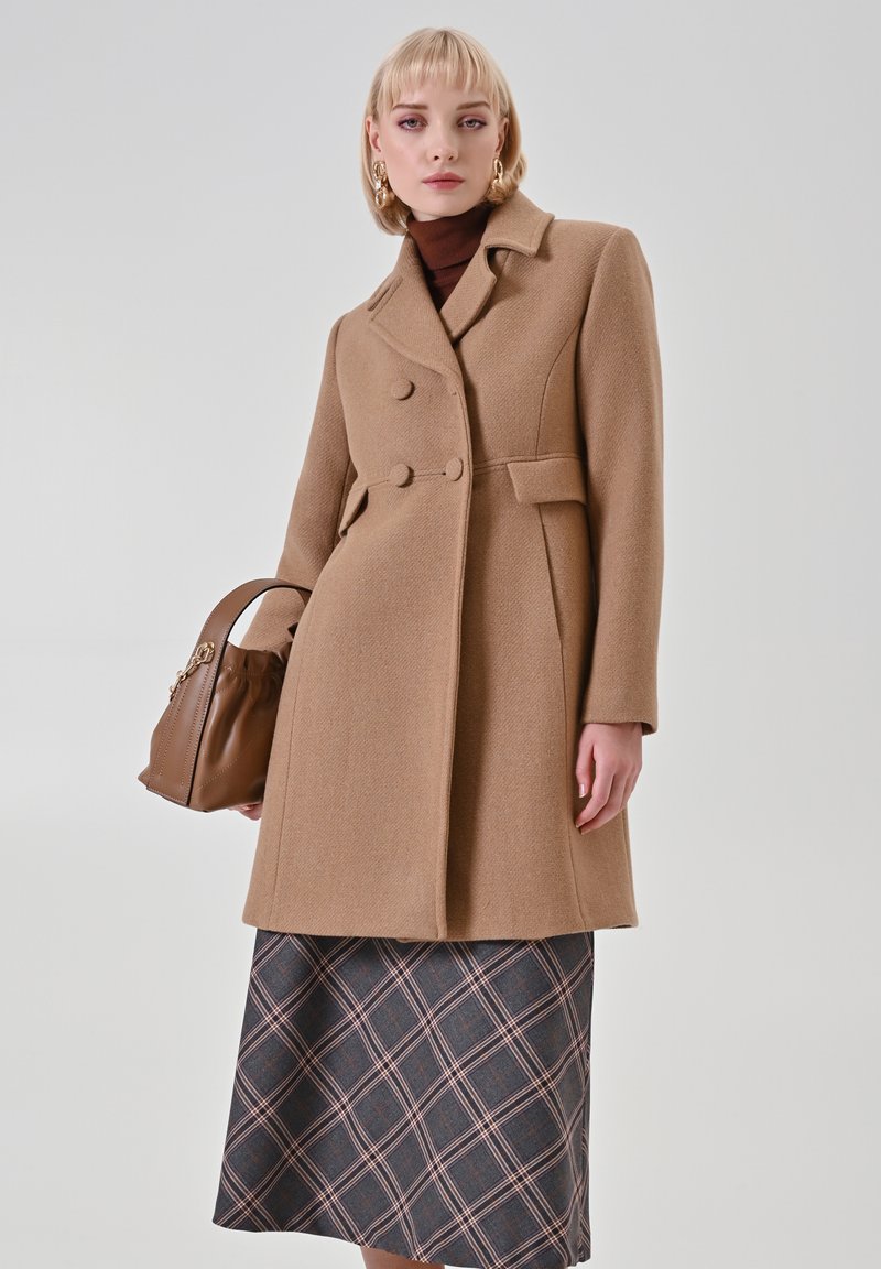 Brauner Wollmantel mit maßgeschneidertem Design, zweireihigen Knöpfen, Reverskragen und Seitentaschen, kombiniert mit einem karierten Rock und einer braunen Handtasche.