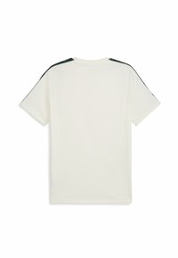 Hvid t-shirt med korte ærmer, der har grønne accenter langs skuldrene og en rund halsudskæring. Glat stoftekstur.