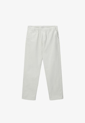 Lichtgrijze, comfortabele broek met elastische tailleband, twee zijzakken, rechte pijpen en een gladde katoenen stofstructuur.