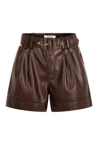 Shorts taille haute en simili cuir marron avec une large ceinture et une boucle carrée, dotés de plis et d'ourlets retournés.