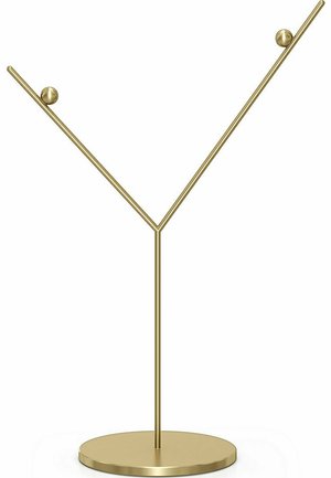 Gold metal jewelry stand with a round base and angled arms, featuring two decorative orbs at the ends for showcasing accessories.