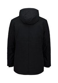 Zwarte winterjas met capuchon, gezien van achteren, met lange mouwen en zichtbare naaddetails.