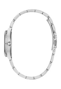 Orologio in acciaio inossidabile con cassa rettangolare, design del bracciale a maglie, superficie liscia e finitura argentata lucida.