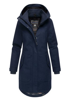 Manteau en mélange de laine marine avec capuche amovible, fermeture éclair à l'avant, deux poches avant et poignets côtelés. La doublure intérieure présente un motif.