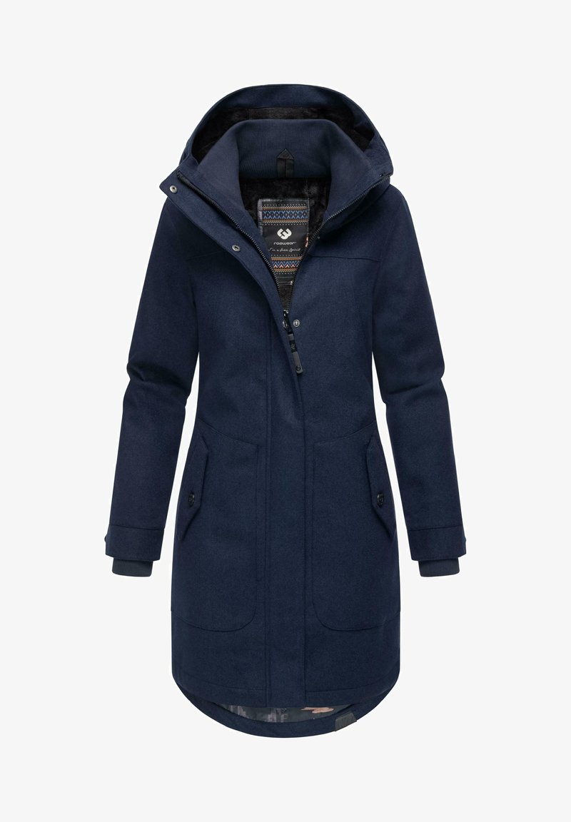 Abrigo de mezcla de lana en color navy con capucha desmontable, cierre de cremallera en la parte delantera, dos bolsillos frontales y puños acanalados. El forro interior presenta un diseño estampado.