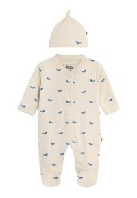 Conjunto de body y gorro en color crema, con patrones de ballenas azules, botones a presión y mangas largas. Material de algodón suave, amable con la piel.