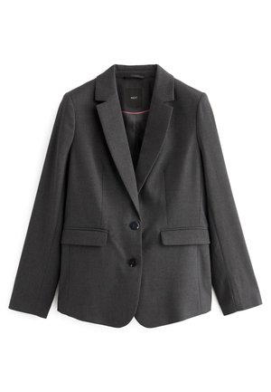 Grå blazer med snedskurna slag, två knappar och två framfickor. Tillverkad av strukturerat tyg med en slät inre foder.