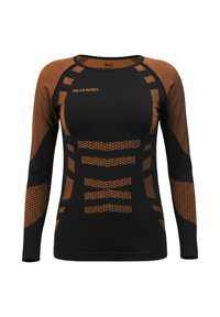 Black long-sleeve base layer with orange geometric patterns and stripes, featuring a rounded neckline and "Polar Husky" logo on the chest.