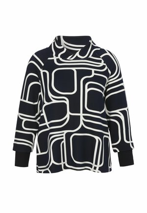 Navy blue pullover top with white geometric pattern, featuring a folded collar and three-quarter sleeves with black cuffs.