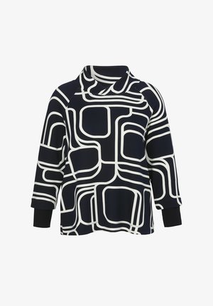 Dunkelblauer Pullover mit weißem geometrischem Muster, ausgestattet mit einem umgeschlagenen Kragen und drei Viertel-Ärmeln mit schwarzen Bündchen.