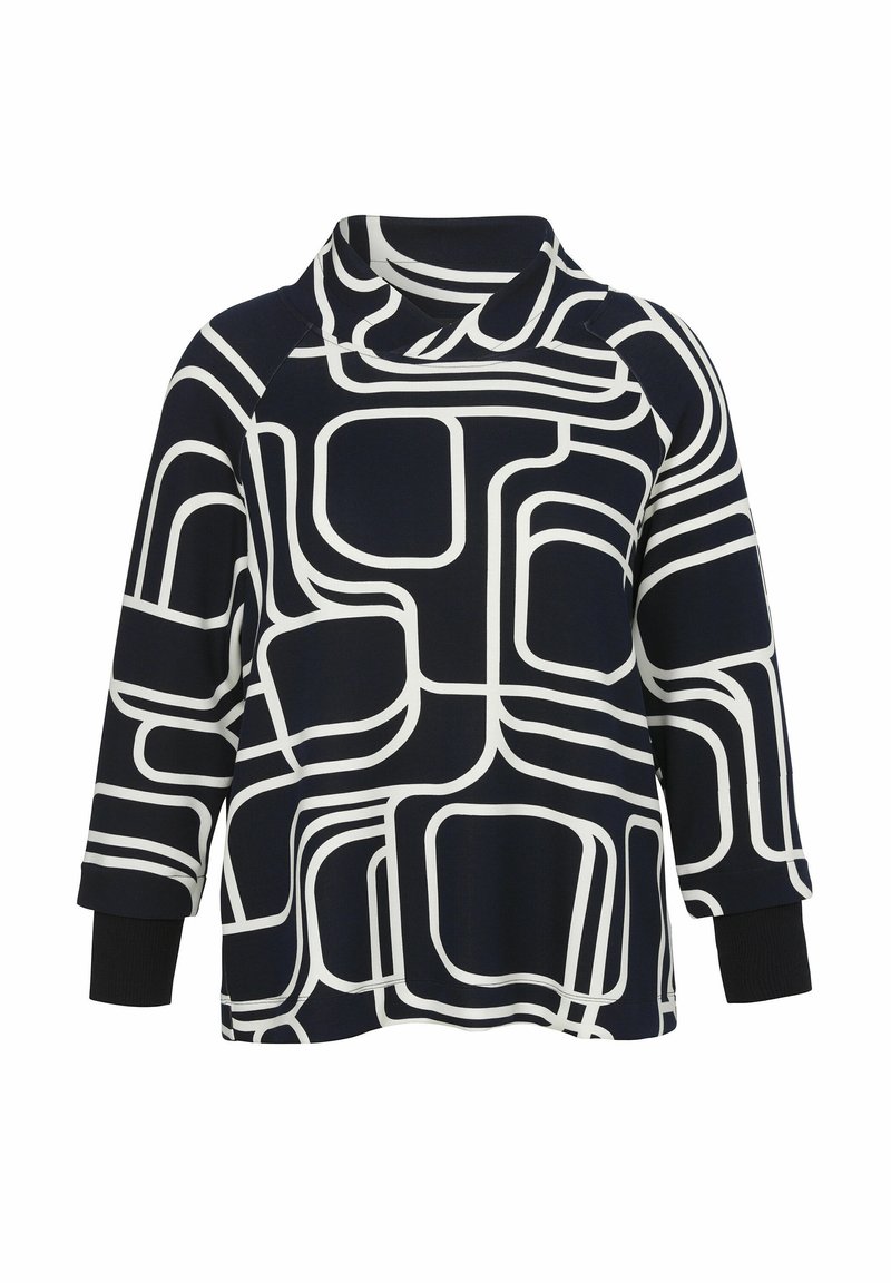 Dunkelblauer Pullover mit weißem geometrischem Muster, ausgestattet mit einem umgeschlagenen Kragen und drei Viertel-Ärmeln mit schwarzen Bündchen.
