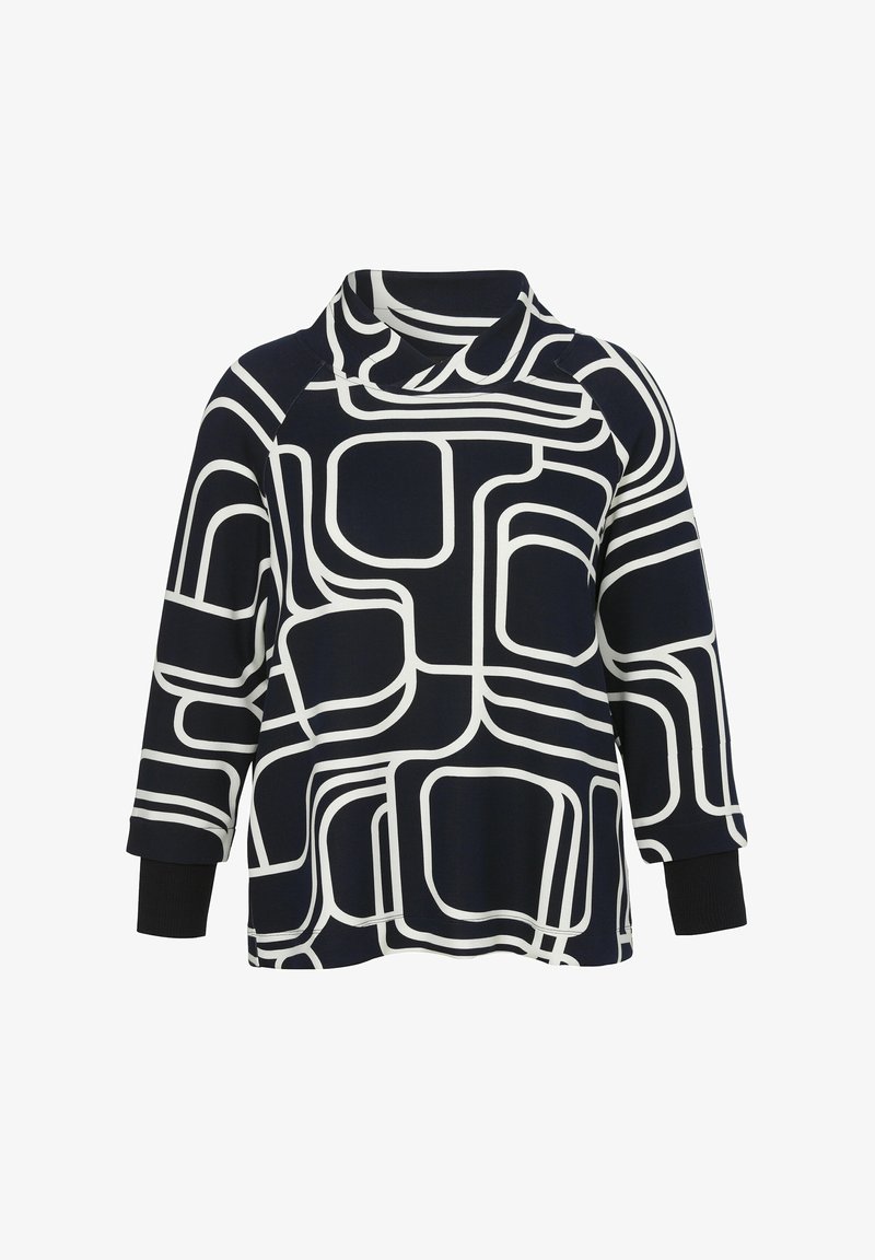 Dunkelblauer Pullover mit weißem geometrischem Muster, ausgestattet mit einem umgeschlagenen Kragen und drei Viertel-Ärmeln mit schwarzen Bündchen.