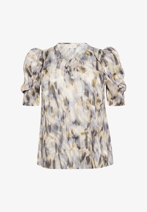 Ľahká blúzka s potlačou v šedej, žltej a bielej farbe. Má výstrih do V so zaväzovaním, nariasené rukávy a voľný strih.