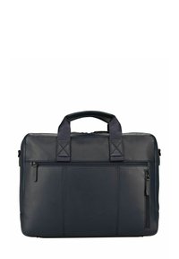 Marineblaue Ledermappe mit zwei Griffen, rechteckiger Form, Frontreißverschlusstasche und quer vernähten Details. Glatte Textur mit subtiler Glanz.