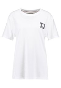 Bílý bavlněný tričko s kulatým výstřihem a krátkými rukávy. Obsahuje malé modré logo "TJ" na levé straně hrudi. Hladká textilie.