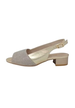 Sandalo beige con cinturino posteriore, tacco basso a blocchetto, fascia glitterata sulle dita e fibbia regolabile dorata su sfondo bianco.