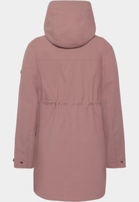 Rosa kapuschong med en åtstramad midja, långa ärmar och en slät yta. Har minimal sömnad och diskreta sidofickor.