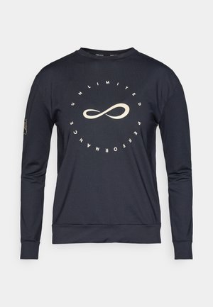 Marineblaues Sweatshirt mit langen Ärmeln aus glattem Stoff. Mit einem zentralen Grafikdesign eines Unendlichkeitssymbols und dem Text "UNLIMITED PERFORMANCE".