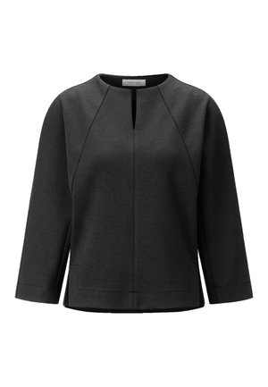 Zwarte, gestructureerde sweatshirt met driekwartmouwen, een ronde halslijn, een opening met sleutelgat aan de voorkant en zijzakken. Gladde textuur.