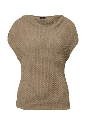 Top marron à manches courtes, texturé, avec une coupe ample et un large encolure ; fabriqué en tissu tissé avec un motif en grille subtil.