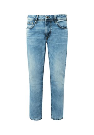 Lyseblå denimjeans med rett passform, fem lommer, knappelukking og subtile falmede detaljer.
