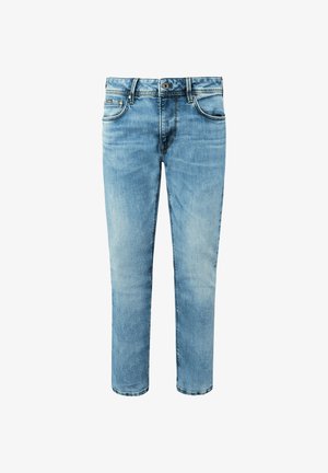 Jeans in denim azzurro chiaro con vestibilità dritta, cinque tasche, chiusura con bottone e dettagli sbiaditi sottili.