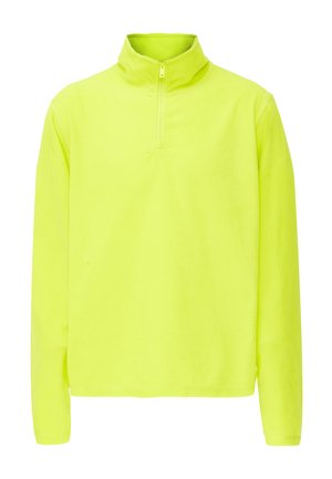 Pullover in pile giallo neon con colletto alto e zip a quarti. Presenta maniche lunghe e una consistenza morbida e liscia. Design semplice senza fantasie.