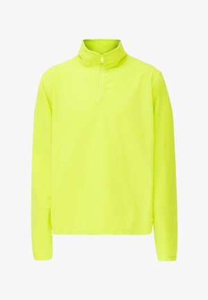 Pullover in pile giallo neon con colletto alto e zip a quarti. Presenta maniche lunghe e una consistenza morbida e liscia. Design semplice senza fantasie.
