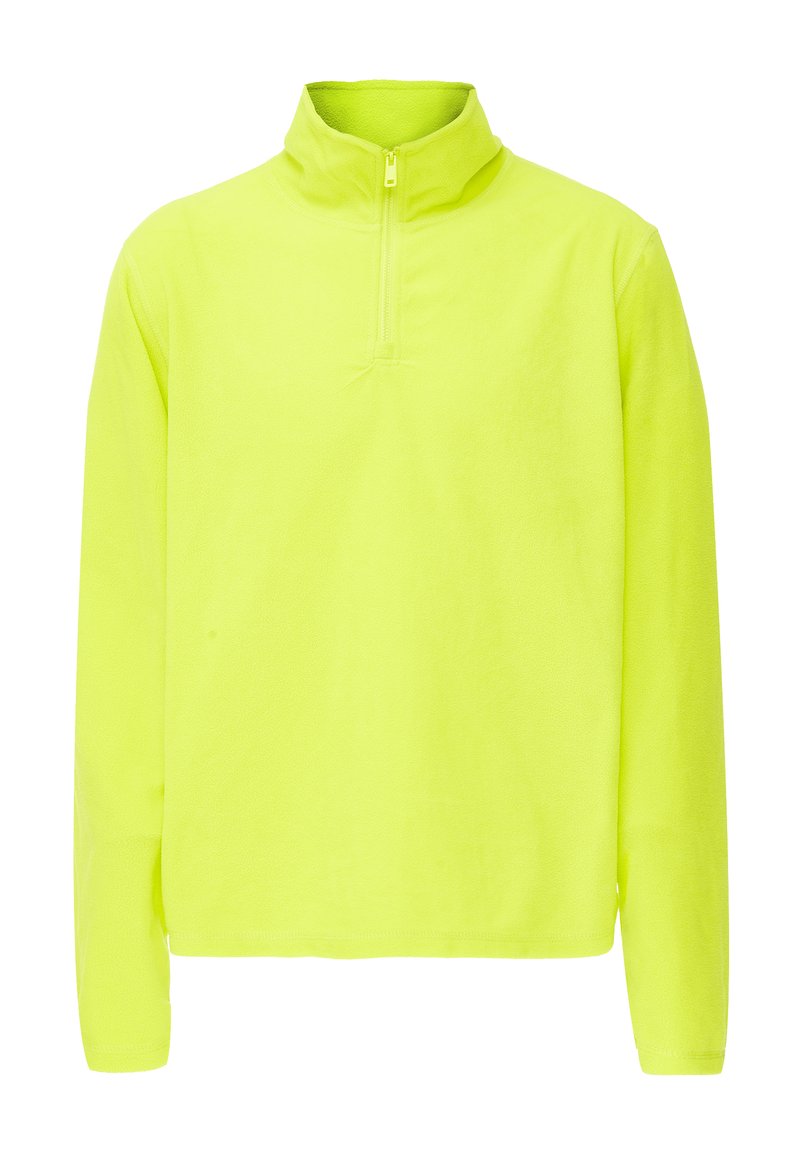 Neon gul fleece pullover med høj krave og kvart lynlås. Har lange ærmer og en blød, glat tekstur. Enkel design uden mønstre.