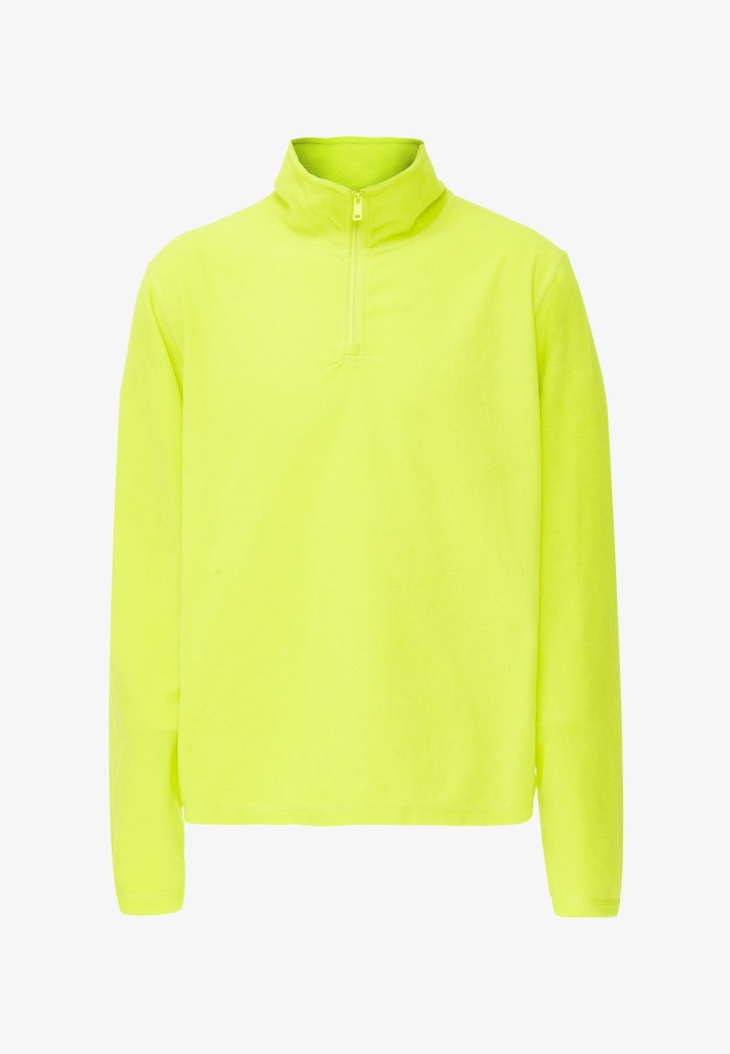 Neon-gelber Fleece-Pullover mit hohem Kragen und Viertel-Reißverschluss. Verfügt über lange Ärmel und eine weiche, glatte Textur. Einfaches Design ohne Muster.