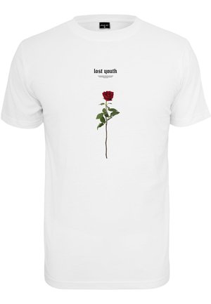 White cotton t-shirt featuring a red rose graphic with green leaves, text above reads "lost youth" in black font. Short sleeves, crew neck design.