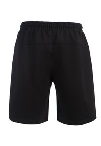 Zwarte shorts gemaakt van een zacht materiaal met een elastische tailleband, met een eenvoudig ontwerp en twee achterzakken.