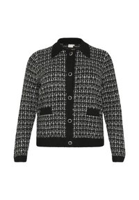 Schwarz-weiße Tweed-Cardigan mit Kragen, fünfknöpfigem Verschluss, zwei Fronttaschen sowie gerippten Bündchen und Saum.