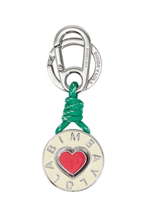 Silver metal keychain with a round pendant featuring a red heart design. Green knotted cord at the top, engraved with "BIMBA Y LOLA."